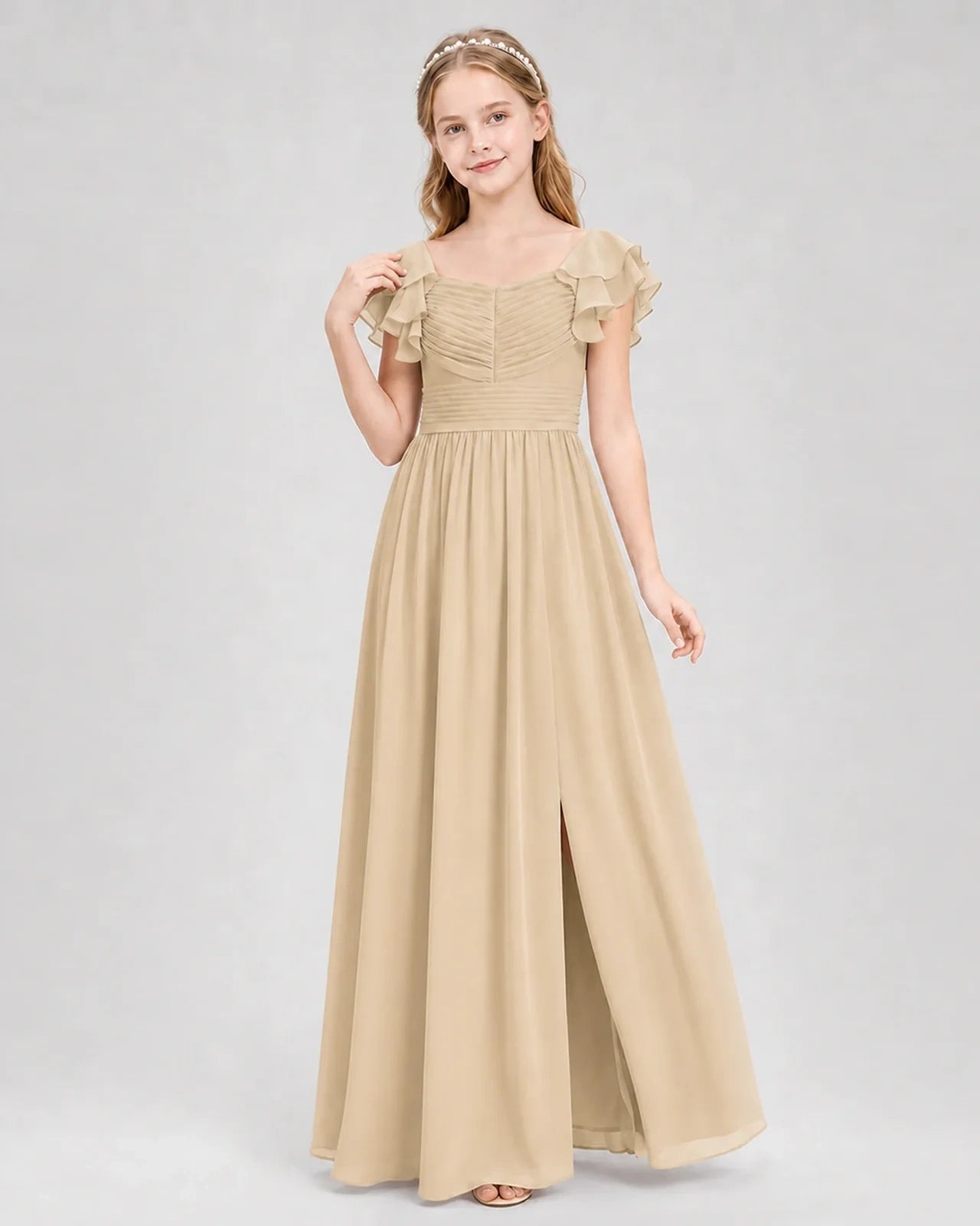 Dideyttawl Chiffon Junior Bridesmaid Dress with Ruched Bodice & Ruffle Sleeves