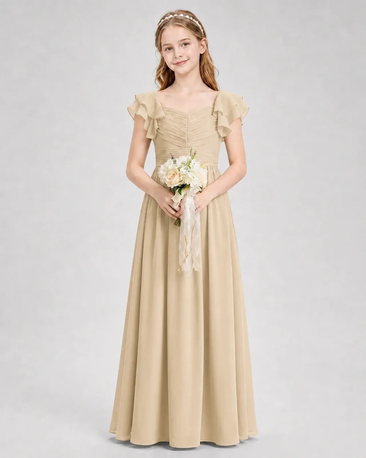 Champagne Chiffon A-line Junior Bridesmaid Dress Front View