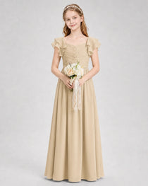 Dideyttawl Chiffon Junior Bridesmaid Dress with Ruched Bodice & Ruffle Sleeves