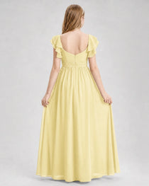 Dideyttawl Chiffon Junior Bridesmaid Dress with Ruched Bodice & Ruffle Sleeves