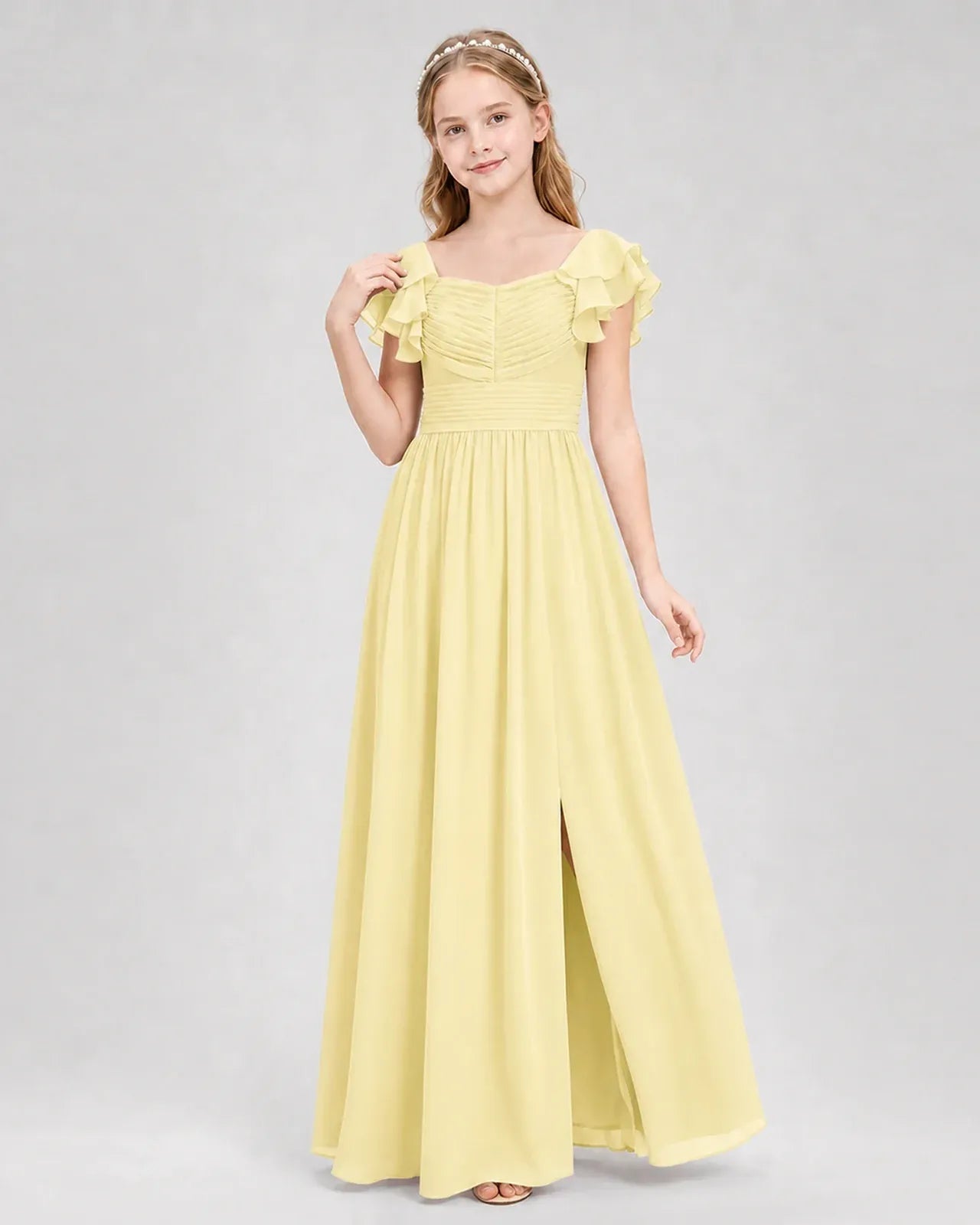 Daffodil Chiffon A-line Junior Bridesmaid Dress Front View