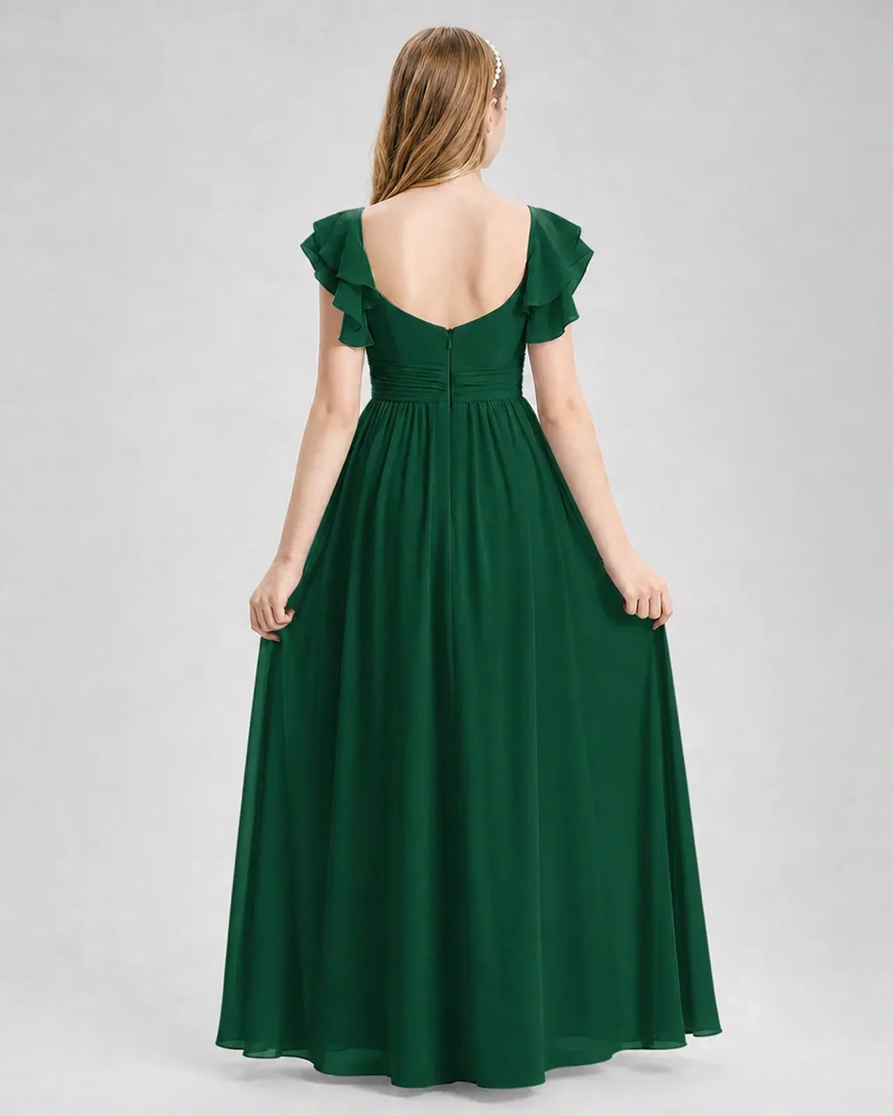 Darkgreen Chiffon A-line Junior Bridesmaid Dress Back View