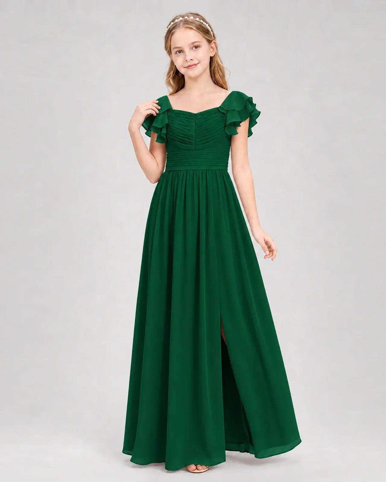Darkgreen Chiffon A-line Junior Bridesmaid Dress Front View