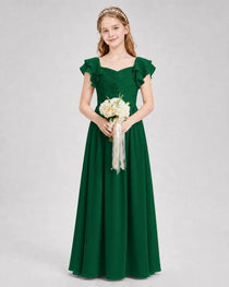 Dideyttawl Chiffon Junior Bridesmaid Dress with Ruched Bodice & Ruffle Sleeves