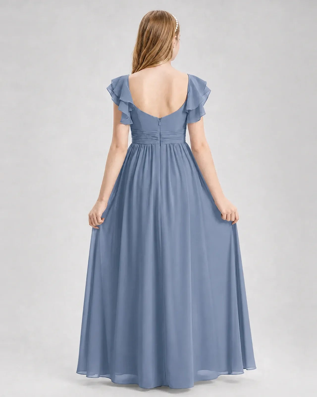 Dustyblue Chiffon A-line Junior Bridesmaid Dress Back View