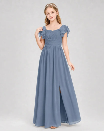 Dustyblue Chiffon A-line Junior Bridesmaid Dress Front View