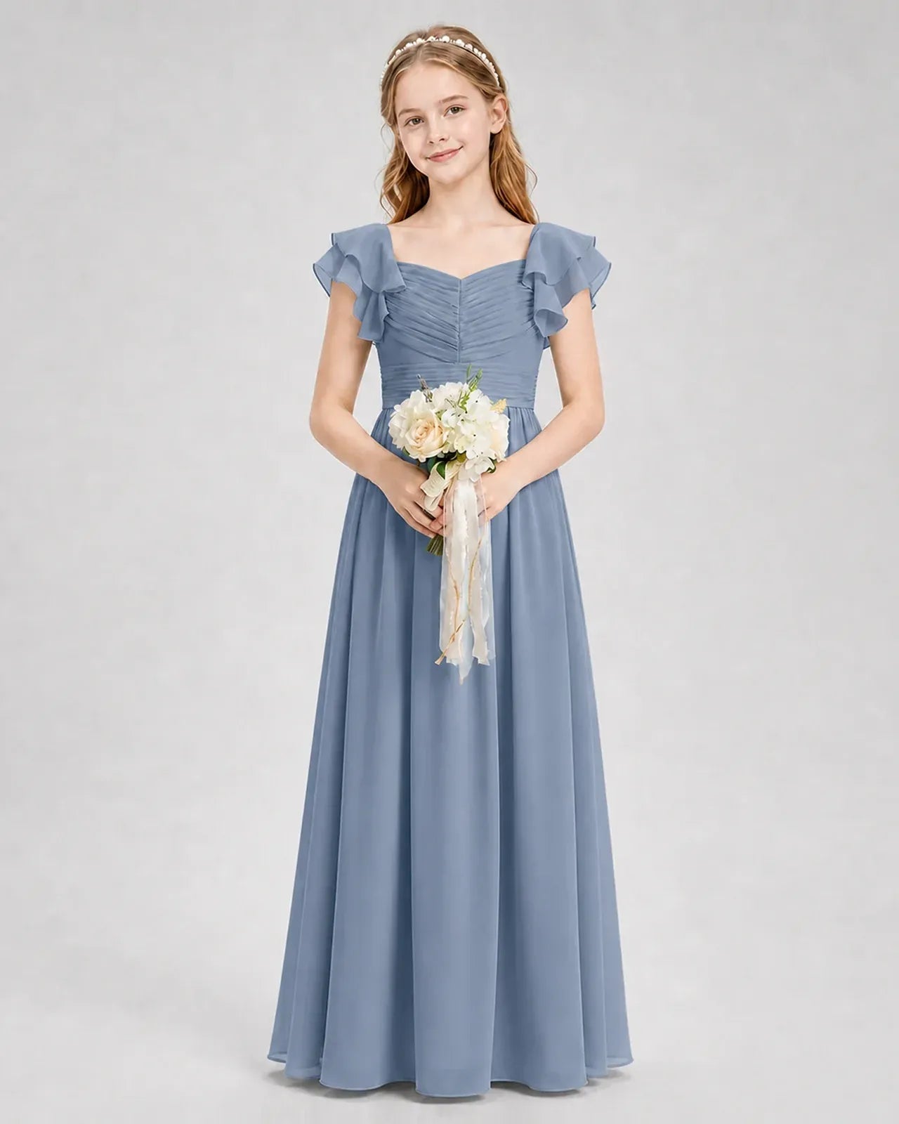 Dusty Blue Chiffon A-line Junior Bridesmaid Dress Front View