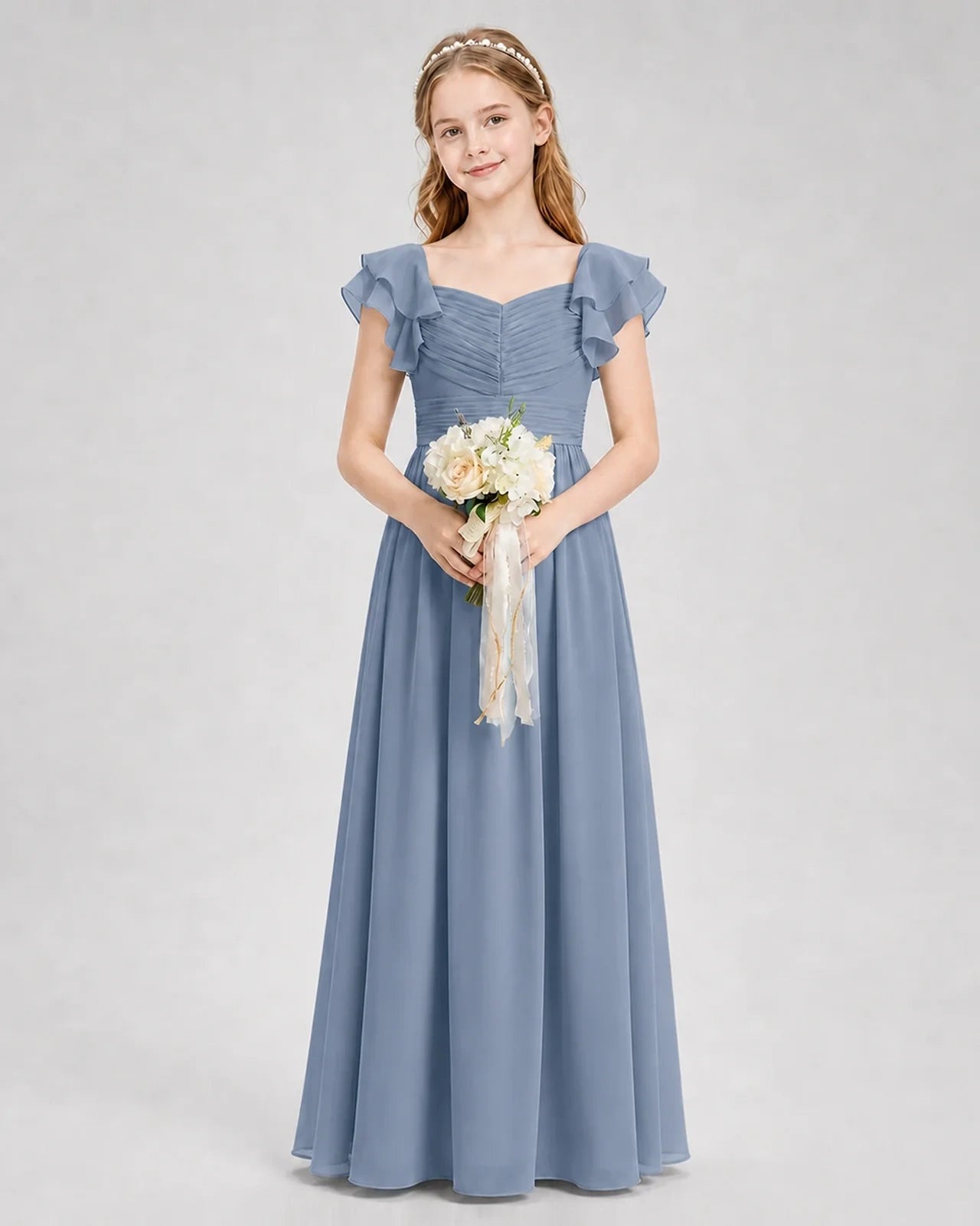 Dideyttawl Chiffon Junior Bridesmaid Dress with Ruched Bodice & Ruffle Sleeves