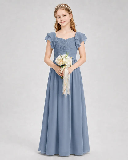 Dusty Blue Chiffon A-line Junior Bridesmaid Dress Front View