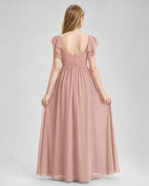 Dideyttawl Chiffon Junior Bridesmaid Dress with Ruched Bodice & Ruffle Sleeves