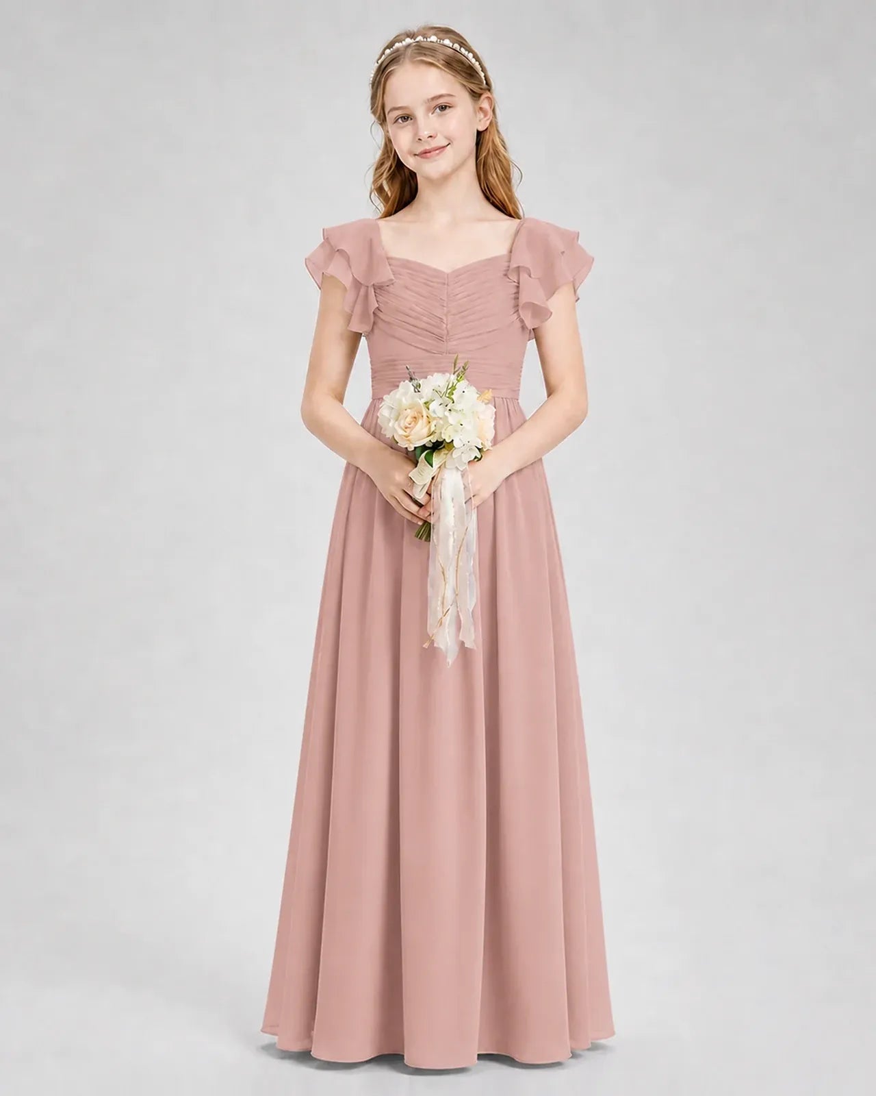 Dusty Rose Chiffon A-line Junior Bridesmaid Dress Front View