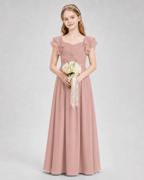 Dideyttawl Chiffon Junior Bridesmaid Dress with Ruched Bodice & Ruffle Sleeves