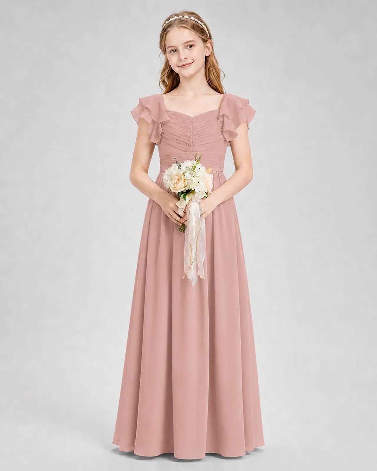 Dideyttawl Chiffon Junior Bridesmaid Dress with Ruched Bodice & Ruffle Sleeves