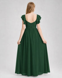 Dideyttawl Chiffon Junior Bridesmaid Dress with Ruched Bodice & Ruffle Sleeves
