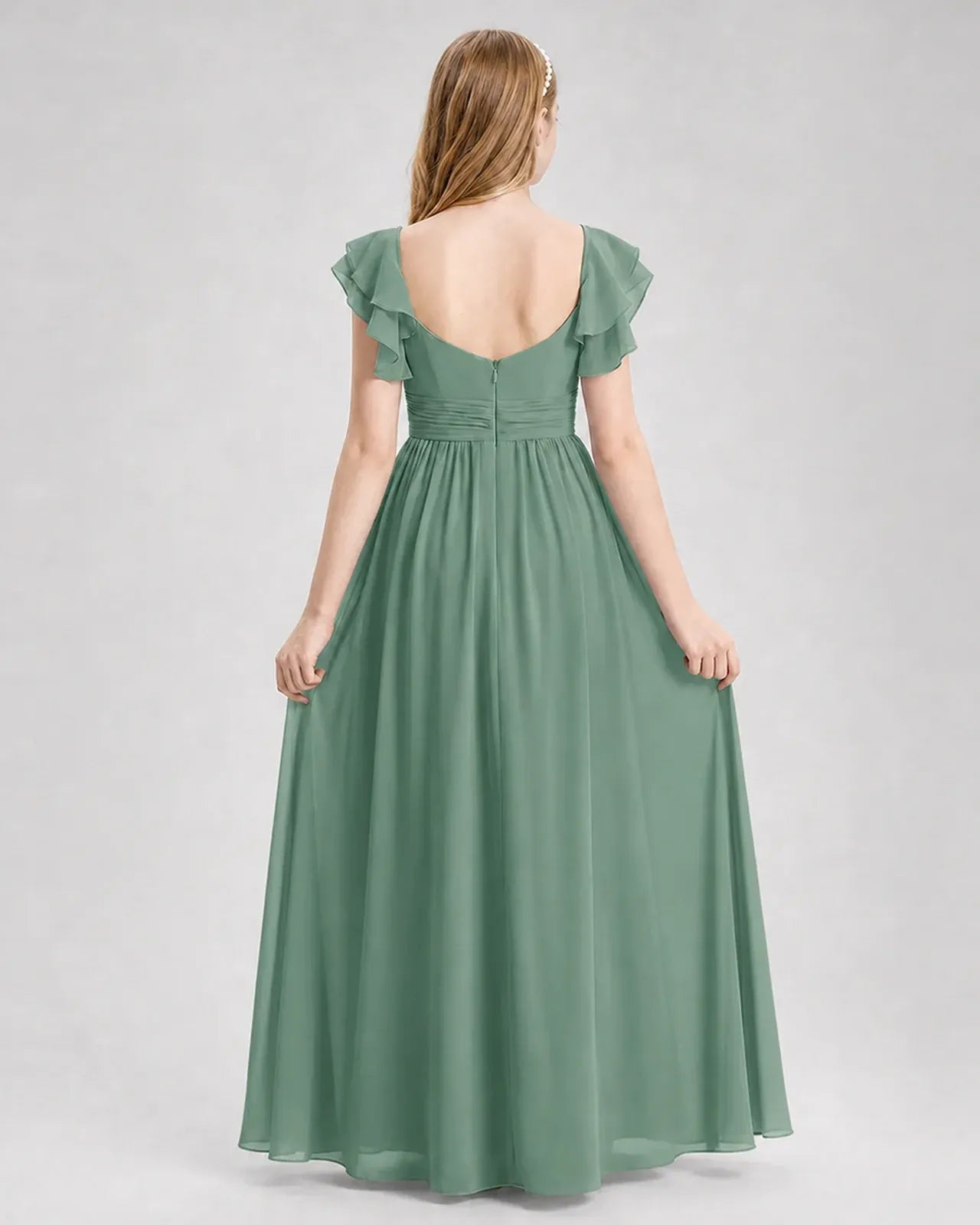 Eucalyptus Chiffon A-line Junior Bridesmaid Dress Back View