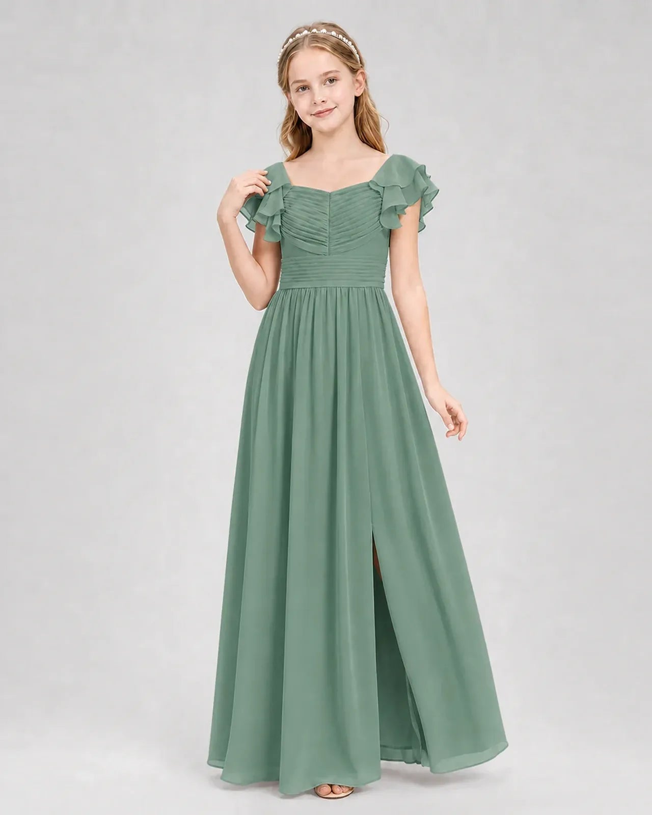 Eucalyptus Chiffon A-line Junior Bridesmaid Dress Front View