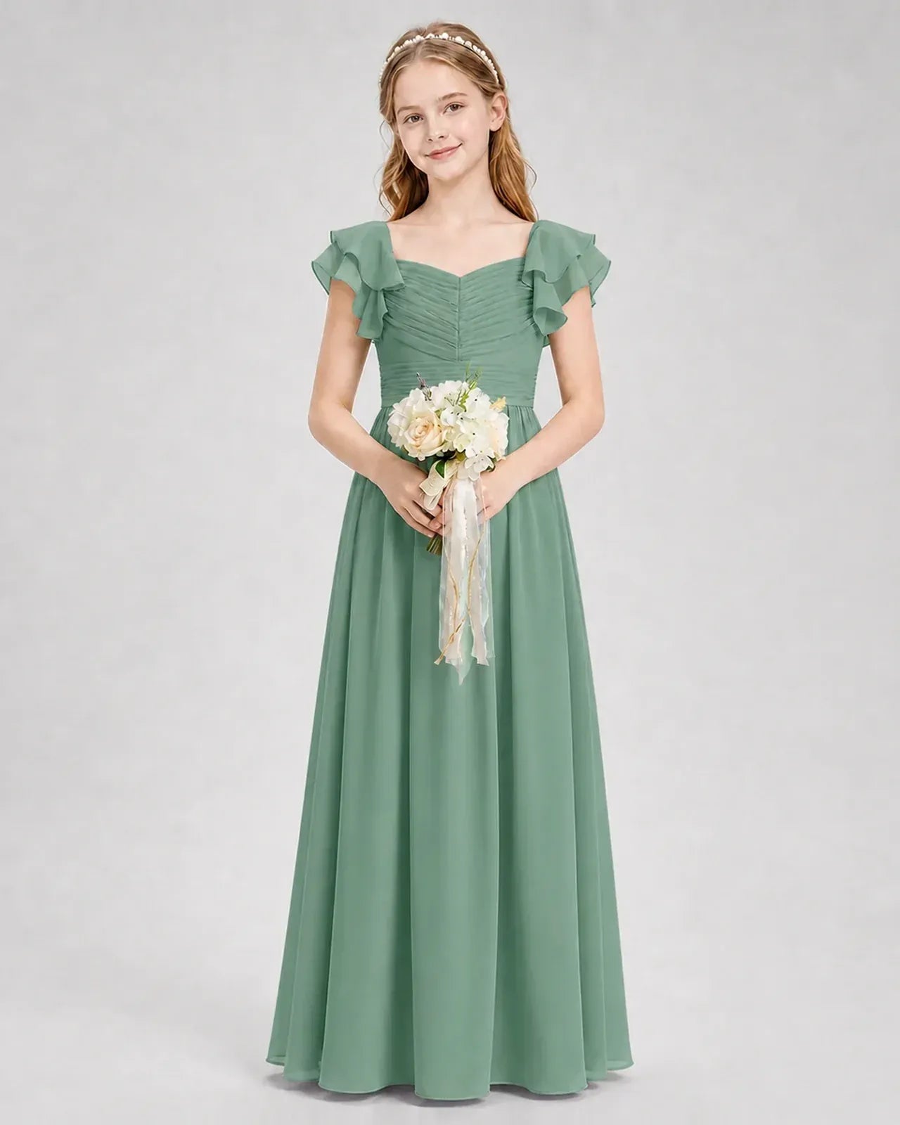 Eucalyptus Chiffon A-line Junior Bridesmaid Dress Front View