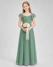 Dideyttawl Chiffon Junior Bridesmaid Dress with Ruched Bodice & Ruffle Sleeves