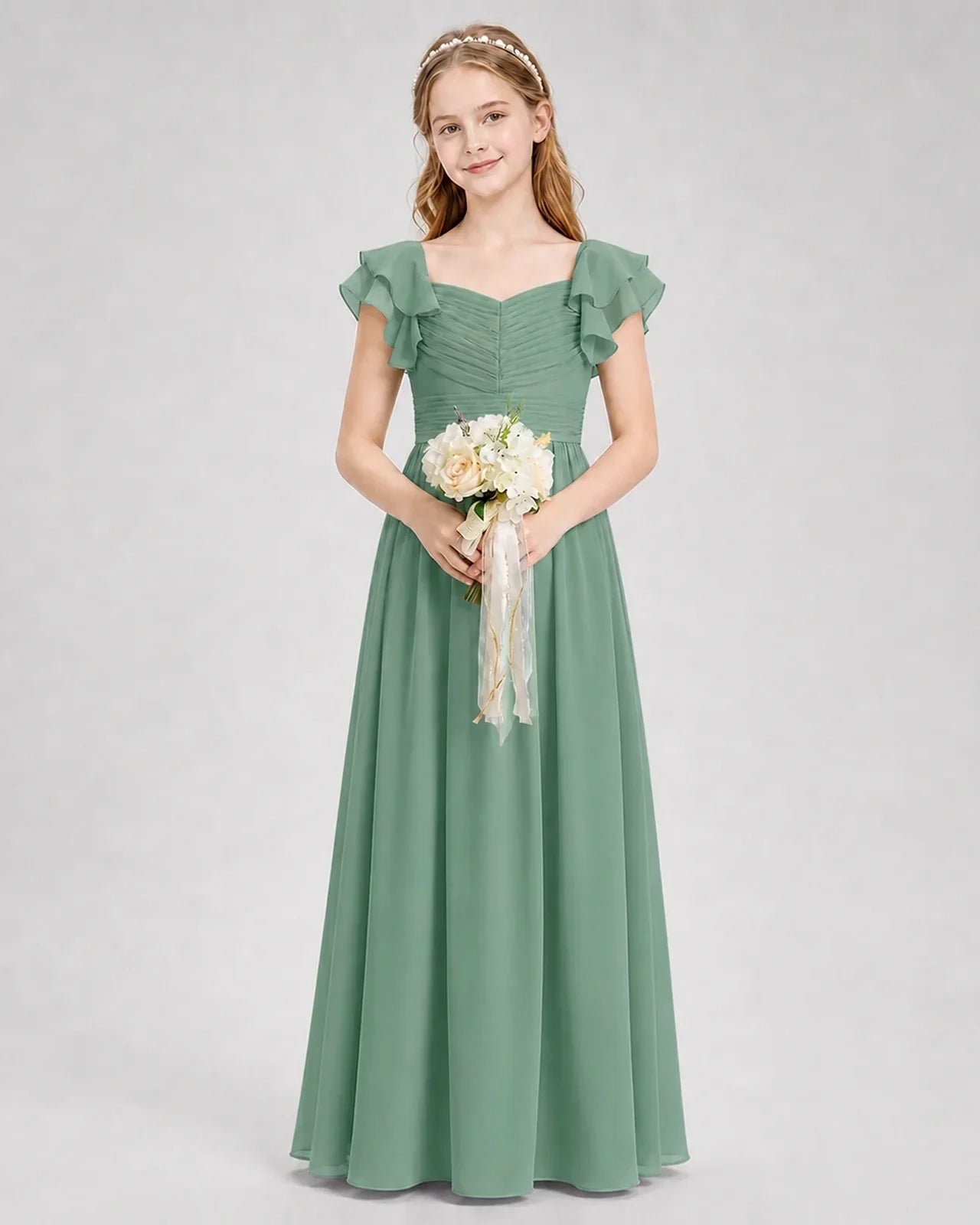 Dideyttawl Chiffon Junior Bridesmaid Dress with Ruched Bodice & Ruffle Sleeves