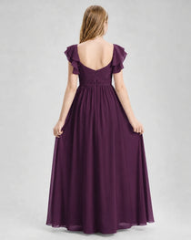 Dideyttawl Chiffon Junior Bridesmaid Dress with Ruched Bodice & Ruffle Sleeves