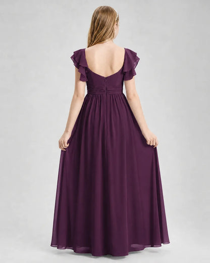 Grape Chiffon A-line Junior Bridesmaid Dress Back View