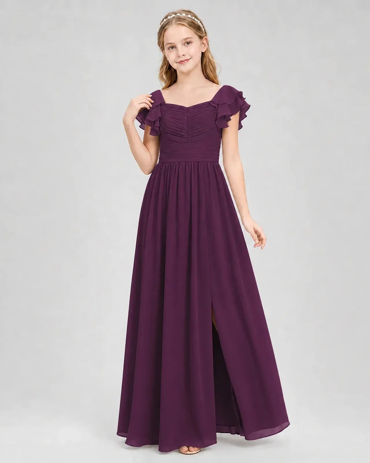 Grape Chiffon A-line Junior Bridesmaid Dress Front View