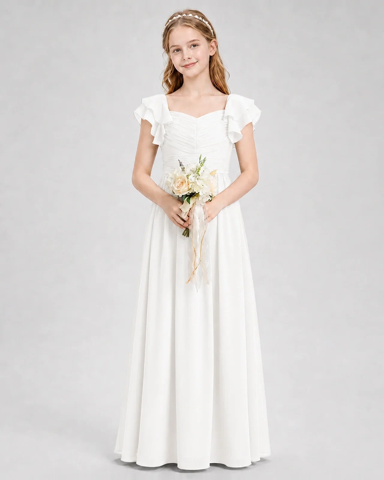 Dideyttawl Sweetheart Neck Ruffle Chiffon Junior Bridesmaid Dress
