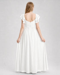 Dideyttawl Chiffon Junior Bridesmaid Dress with Ruched Bodice & Ruffle Sleeves