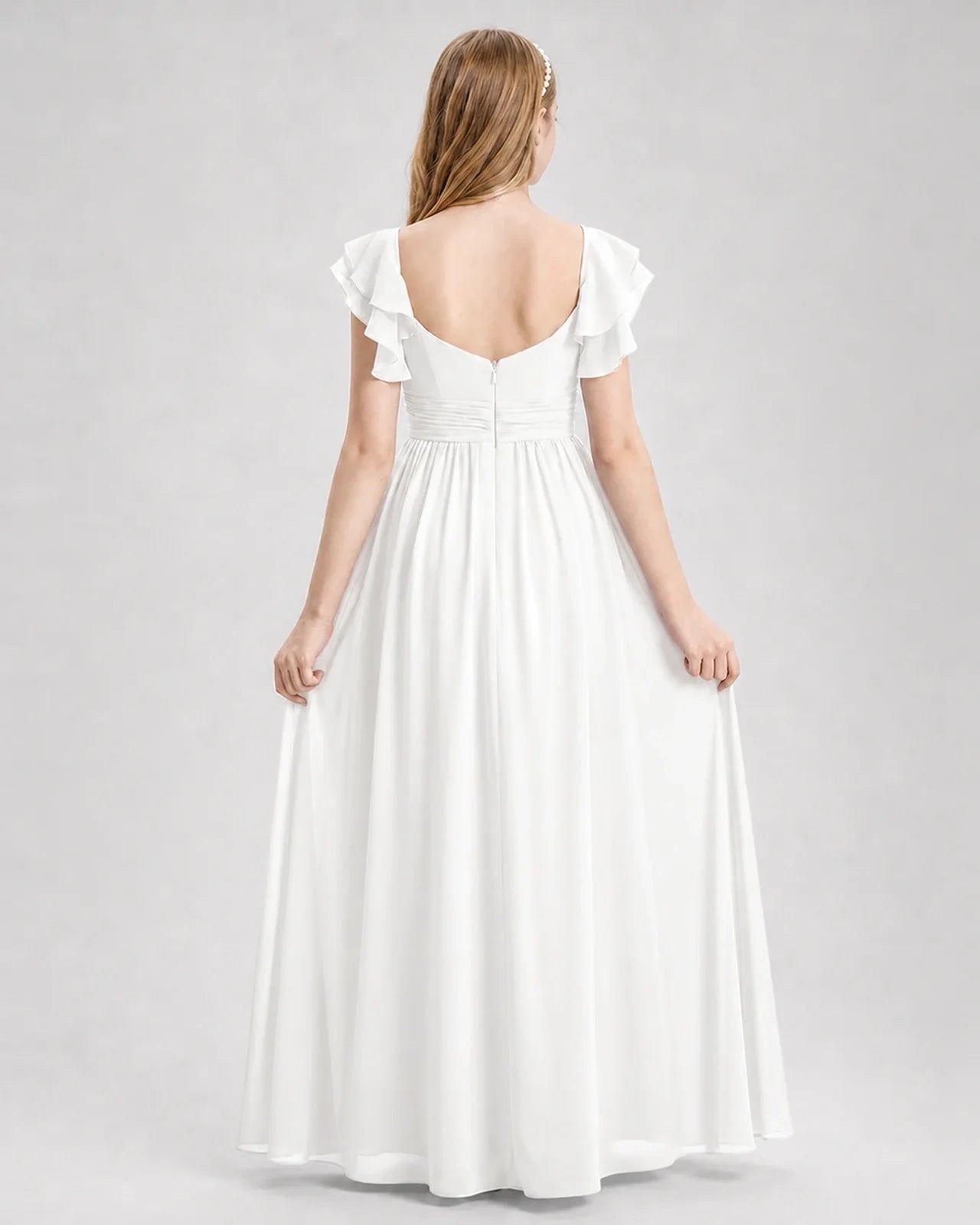 Dideyttawl Chiffon Junior Bridesmaid Dress with Ruched Bodice & Ruffle Sleeves
