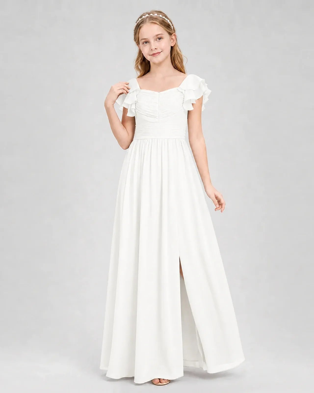 Ivory Chiffon A-line Junior Bridesmaid Dress Front View