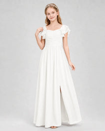 Dideyttawl Chiffon Junior Bridesmaid Dress with Ruched Bodice & Ruffle Sleeves