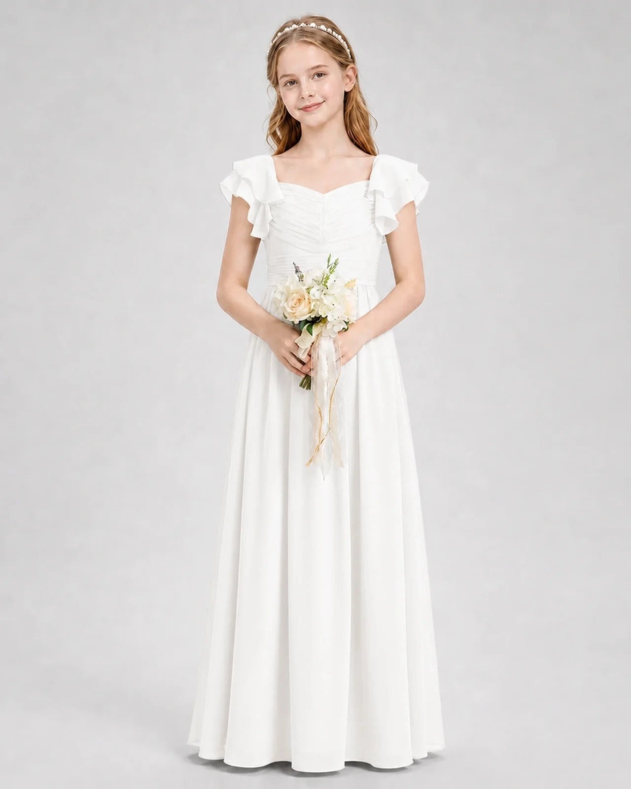 Dideyttawl Chiffon Junior Bridesmaid Dress with Ruched Bodice & Ruffle Sleeves