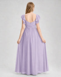 Dideyttawl Chiffon Junior Bridesmaid Dress with Ruched Bodice & Ruffle Sleeves