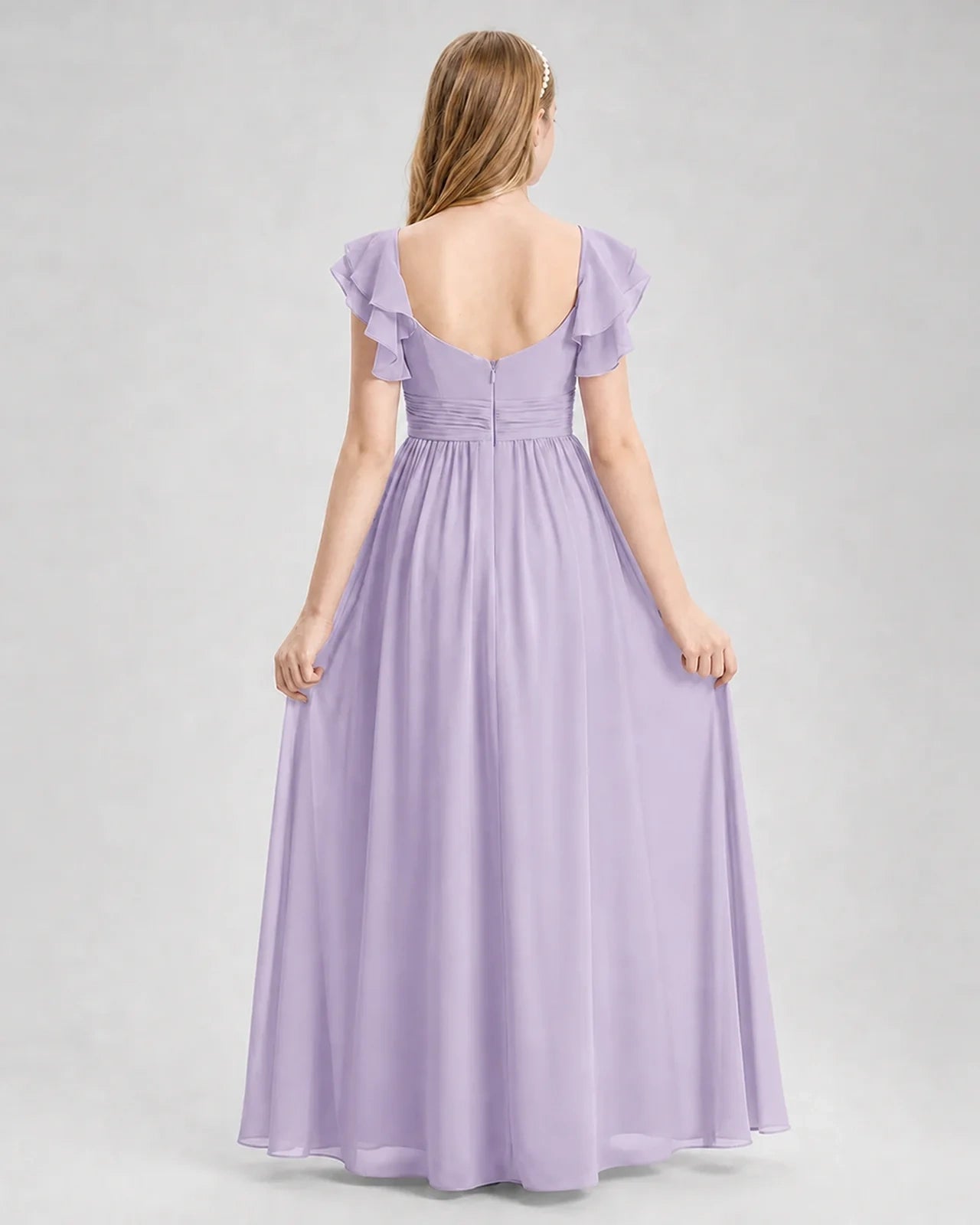 Dideyttawl Chiffon Junior Bridesmaid Dress with Ruched Bodice & Ruffle Sleeves