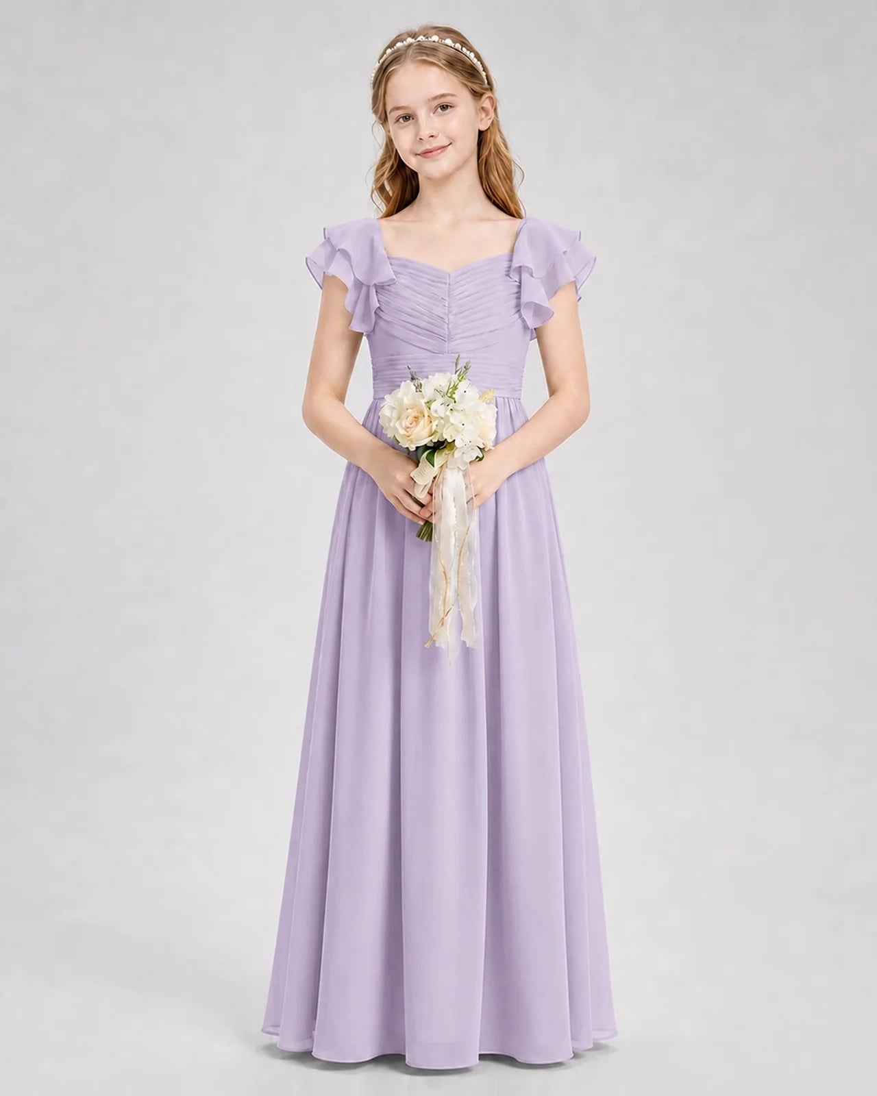 Dideyttawl Chiffon Junior Bridesmaid Dress with Ruched Bodice & Ruffle Sleeves
