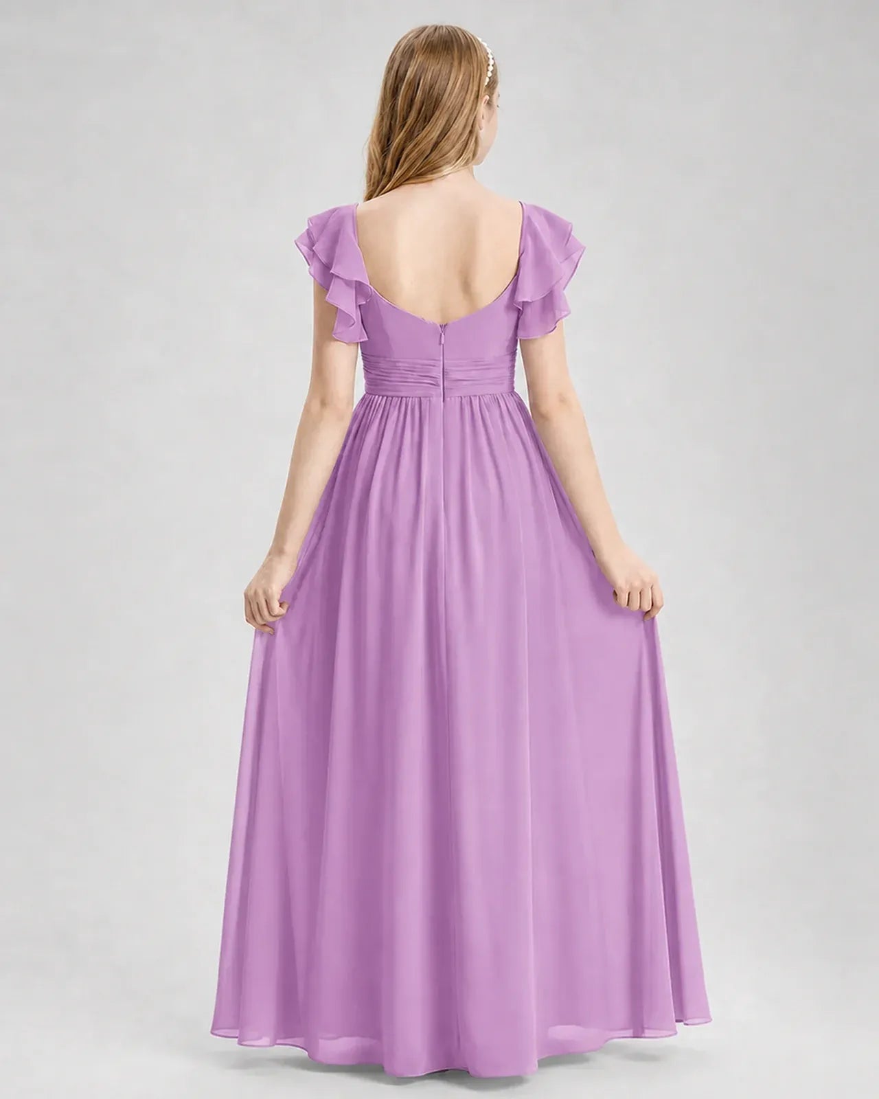Lilac Chiffon A-line Junior Bridesmaid Dress Back View