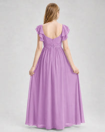 Dideyttawl Chiffon Junior Bridesmaid Dress with Ruched Bodice & Ruffle Sleeves
