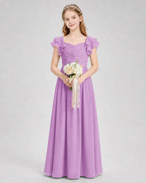 Dideyttawl Chiffon Junior Bridesmaid Dress with Ruched Bodice & Ruffle Sleeves