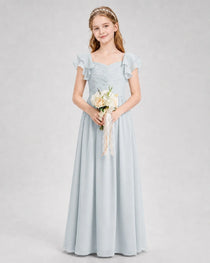 Dideyttawl Chiffon Junior Bridesmaid Dress with Ruched Bodice & Ruffle Sleeves
