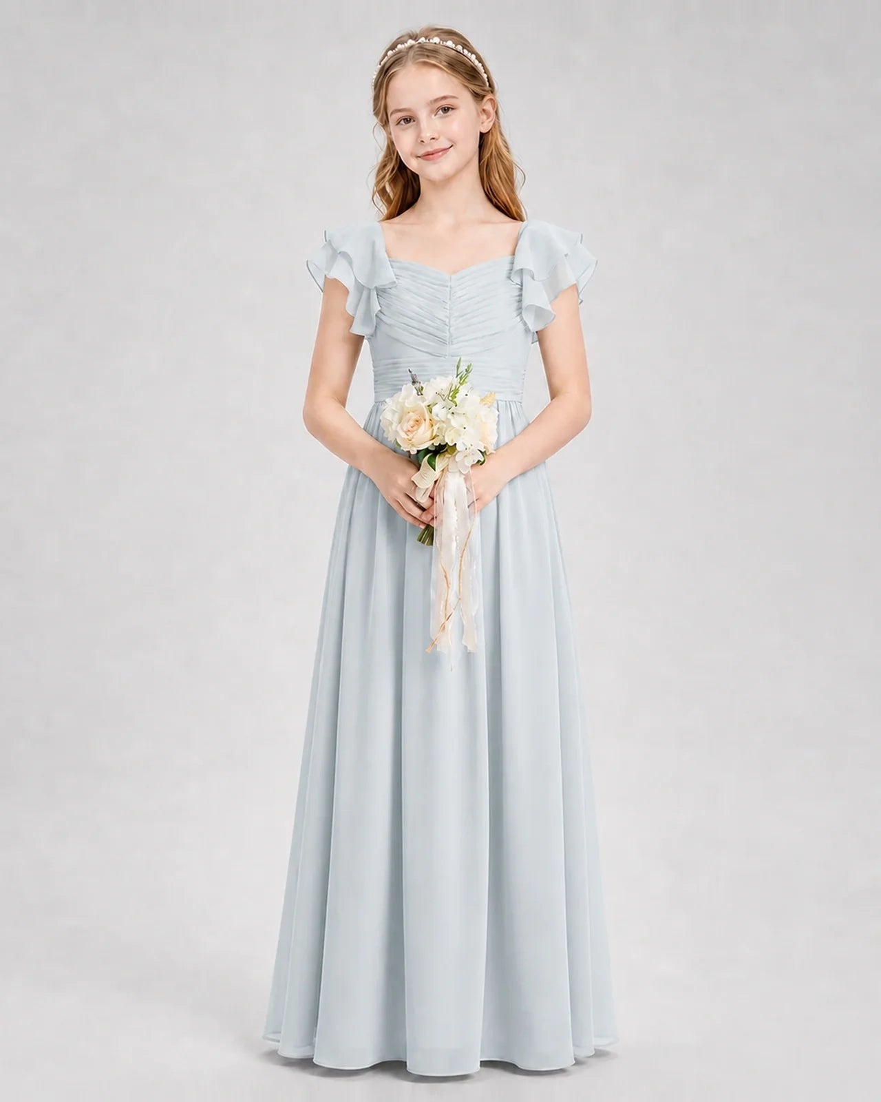 Dideyttawl Chiffon Junior Bridesmaid Dress with Ruched Bodice & Ruffle Sleeves