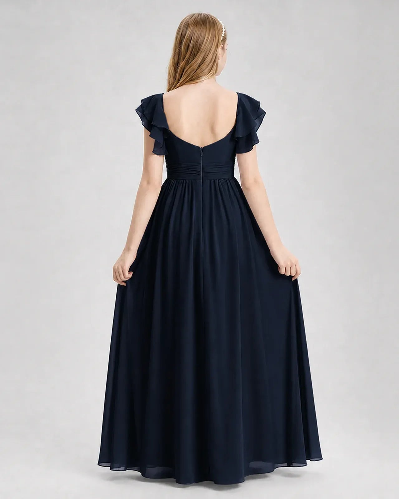 Navyblue Chiffon A-line Junior Bridesmaid Dress Back View