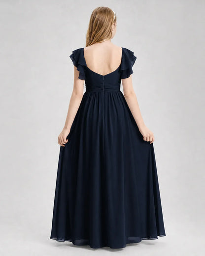 Navyblue Chiffon A-line Junior Bridesmaid Dress Back View