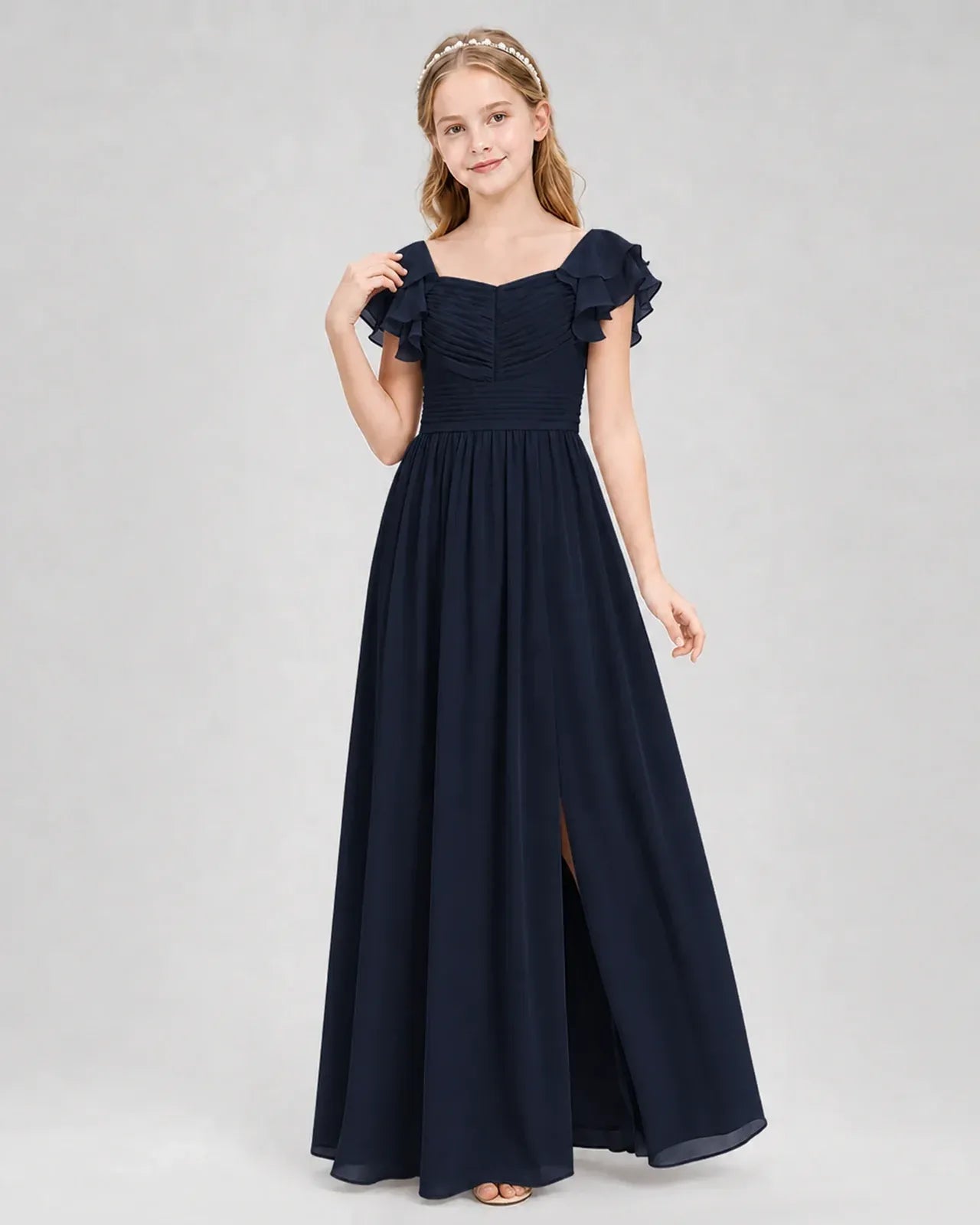 Navyblue Chiffon A-line Junior Bridesmaid Dress Front View