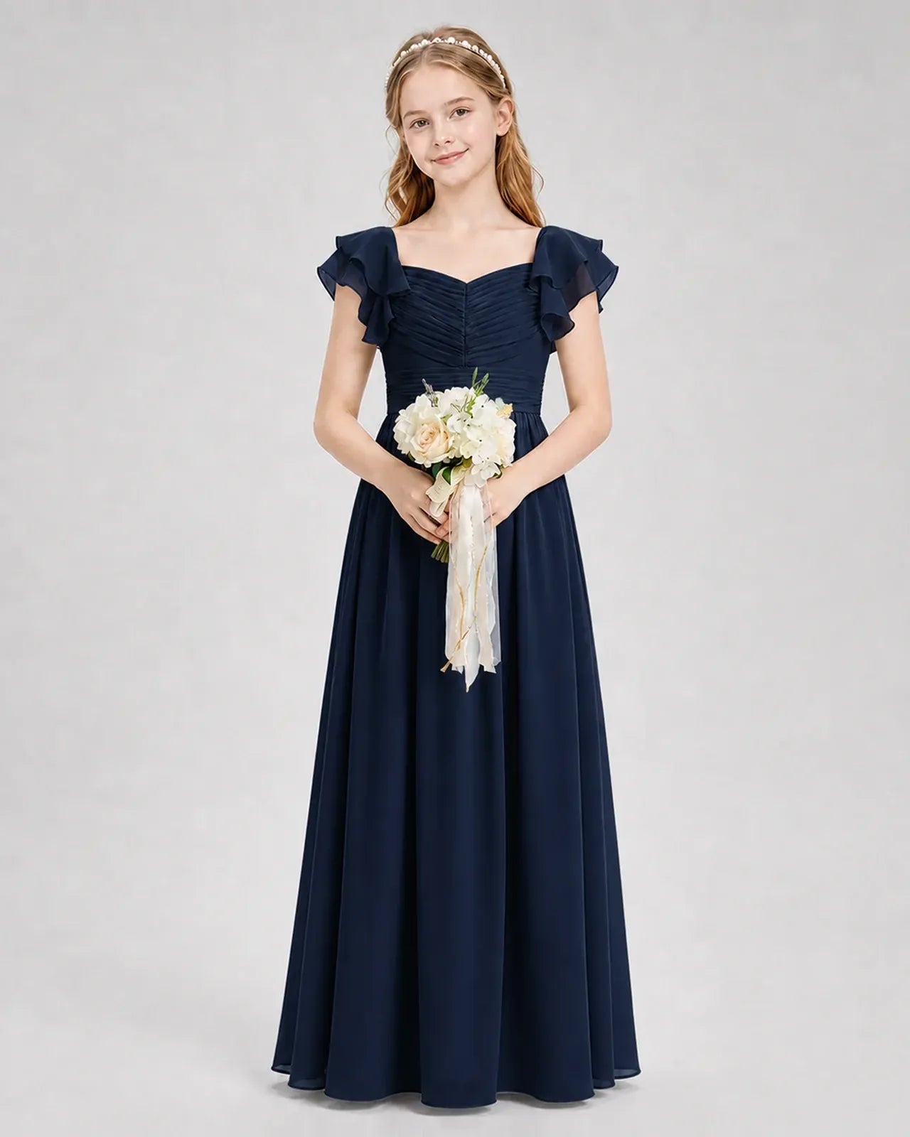 Navy Blue Chiffon A-line Junior Bridesmaid Dress Front View