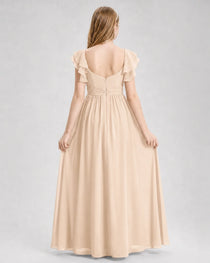 Dideyttawl Chiffon Junior Bridesmaid Dress with Ruched Bodice & Ruffle Sleeves