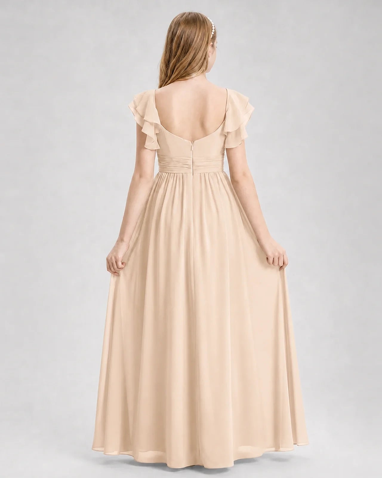 Dideyttawl Chiffon Junior Bridesmaid Dress with Ruched Bodice & Ruffle Sleeves