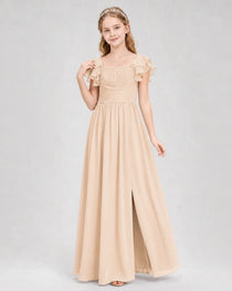 Dideyttawl Chiffon Junior Bridesmaid Dress with Ruched Bodice & Ruffle Sleeves