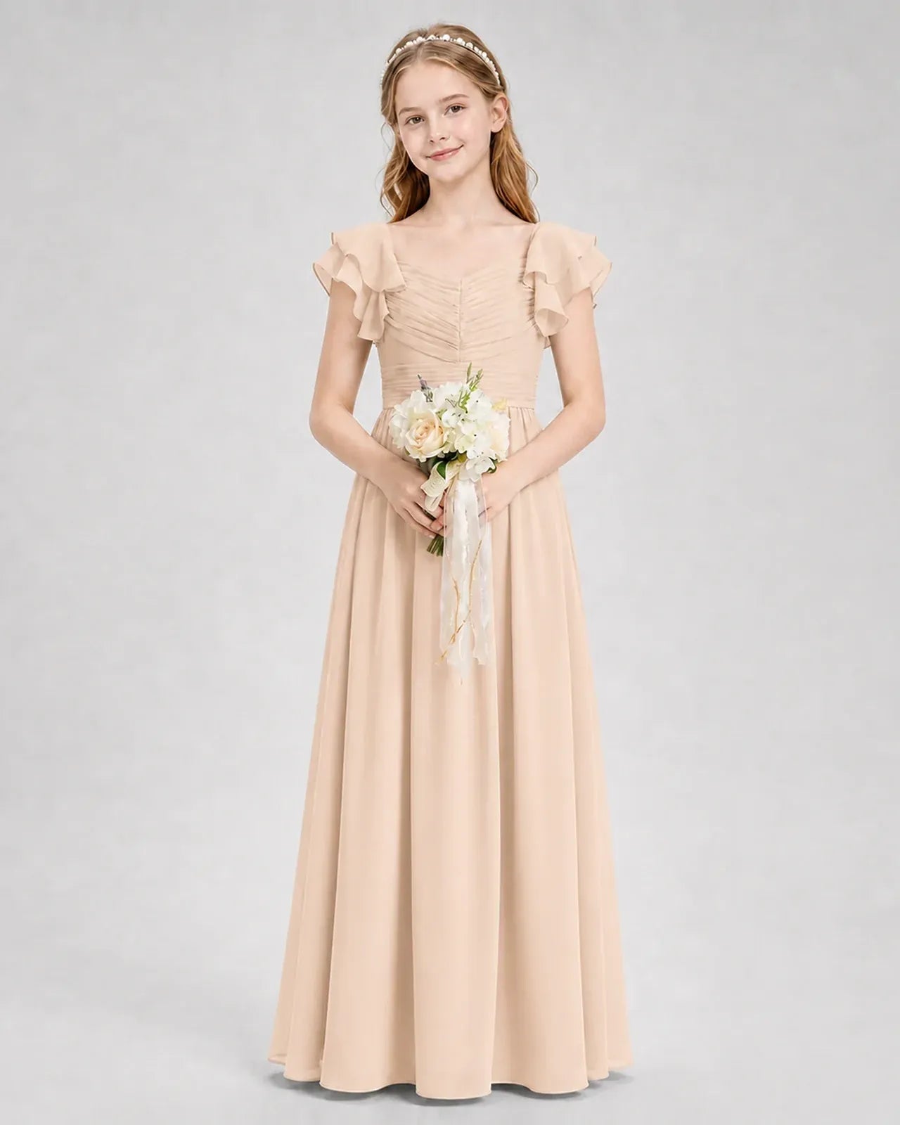 Peach Chiffon A-line Junior Bridesmaid Dress Front View