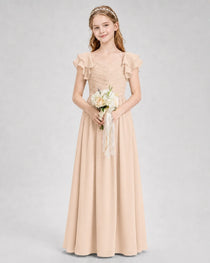 Dideyttawl Chiffon Junior Bridesmaid Dress with Ruched Bodice & Ruffle Sleeves