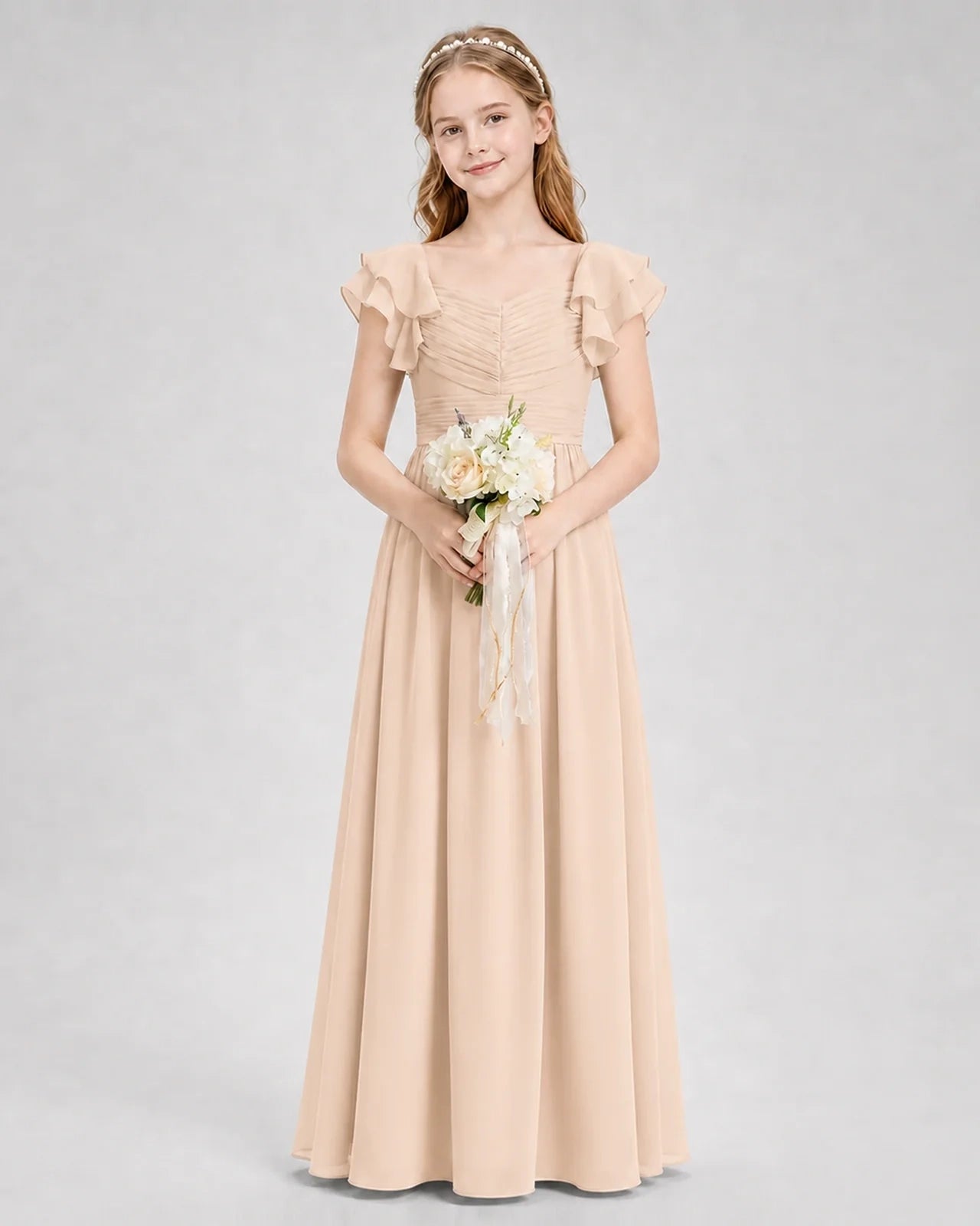 Dideyttawl Chiffon Junior Bridesmaid Dress with Ruched Bodice & Ruffle Sleeves